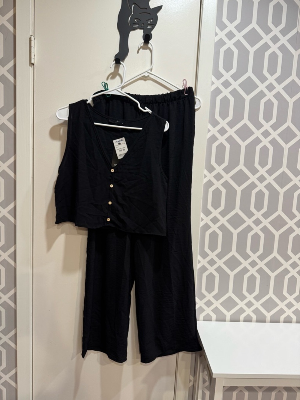 NWT AllSaints Black Button-Front Cropped Top & Wide-Leg Pants Set